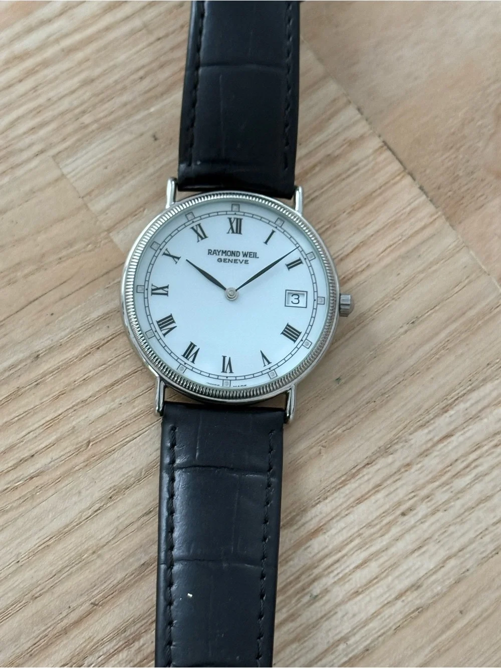 Raymond Weil Geneve Rare Stainless Case Vintage Watch White Dial Leather Strap